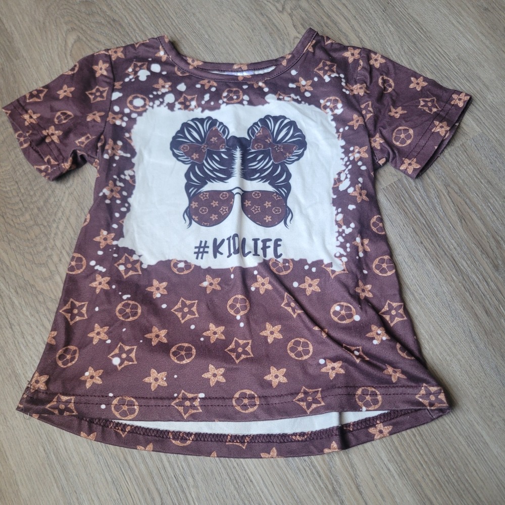 Boutique T-Shirt Girls Large Brown #KIDLIFE Messy Bun Graphic Monogram Print Tee